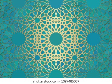 Abstract background with islamic ornament, arabic geometric texture. Golden lined tiled motif over colored background with stained glass style.