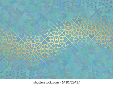 Abstract background with islamic ornament, arabic geometric texture. Golden lined tiled motif over colored background with stained glass style.