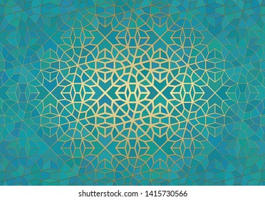 Abstract background with islamic ornament, arabic geometric texture. Golden lined tiled motif over colored background with stained glass style.
