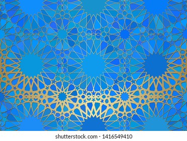 Abstract background with islamic ornament, arabic geometric texture. Golden lined tiled motif over colored background with stained glass style.