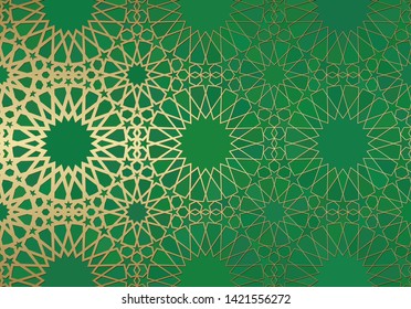 Abstract background with islamic ornament, arabic geometric texture. Golden lined tiled motif over colored background with stained glass style.