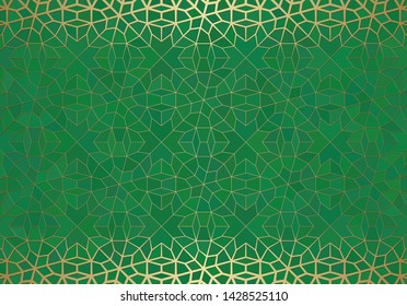 Abstract background with islamic ornament, arabic geometric texture. Golden lined tiled motif over colored background with stained glass style.