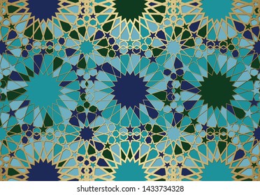 Abstract background with islamic ornament, arabic geometric texture. Golden lined tiled motif over colored background with stained glass style.