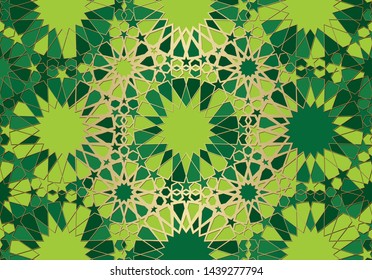 Abstract background with islamic ornament, arabic geometric texture. Golden lined tiled motif over colored background with stained glass style.