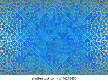 Abstract background with islamic ornament, arabic geometric texture. Golden lined tiled motif over colored background with stained glass style.