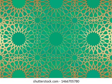 Abstract background with islamic ornament, arabic geometric texture. Golden lined tiled motif over colored background with stained glass style.