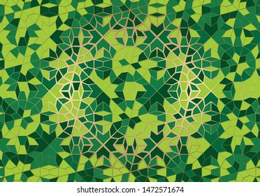Abstract background with islamic ornament, arabic geometric texture. Golden lined tiled motif over colored background with stained glass style.