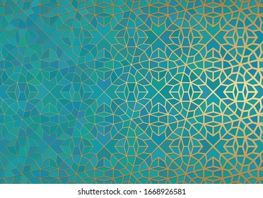 Abstract background with islamic ornament, arabic geometric pattern. Golden lined tiled motif over colored background with stained glass style.