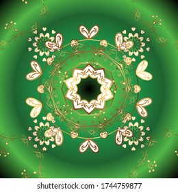 Abstract background with islamic ornament, arabic geometric texture. Lined tiled motif over colored background with curls style.Illustration in green and white colors. Vector sketch. Seamless pattern.