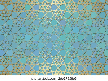 Fundo abstrato com ornamento islâmico, textura geométrica árabe. Motivo ladrilhado com linha dourada.
