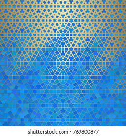 Abstract background with islamic ornament, arabic geometric texture. Golden lined tiled motif over colored background with stained glass style.