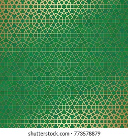 Abstract background with islamic ornament, arabic geometric texture. Golden lined tiled motif over colored background with stained glass style.