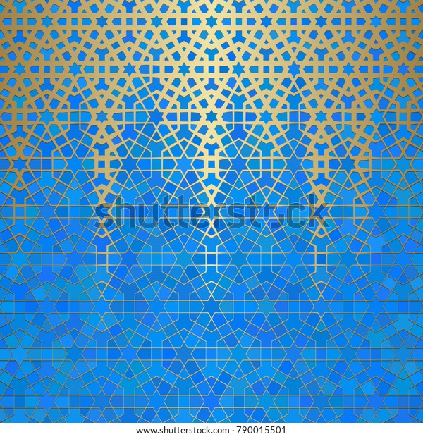Abstract background with islamic ornament, arabic\
geometric texture. Golden lined tiled motif over colored background\
with stained glass\
style.