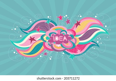 The abstract background with isolated doodle element for your design. Vector illustration of the bright idea with stars, lines, dots and other details.