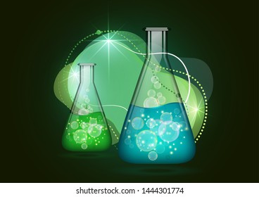 Abstract background isolated glass bulb with liquid, bubbles. Chemical and biological experiments. Vector illustration for your design.