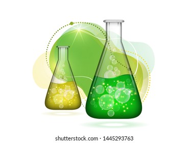 Abstract background isolated glass bulb with liquid, bubbles. Chemical and biological experiments. Vector illustration for your design.