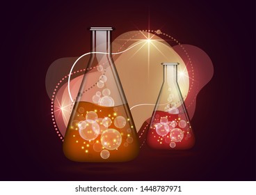 Abstract background isolated glass bulb with liquid, bubbles. Chemical and biological experiments. Vector illustration for your design.