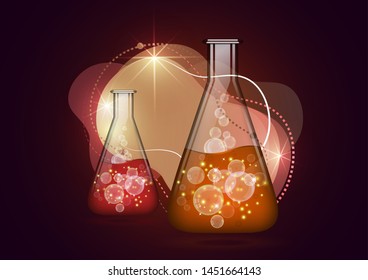 Abstract background isolated glass bulb with liquid, bubbles. Chemical and biological experiments. Vector illustration for your design.