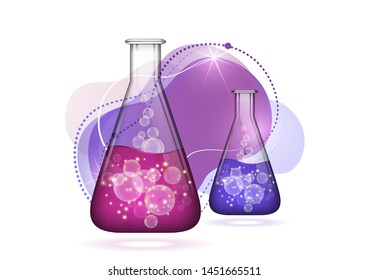 Abstract background isolated glass bulb with liquid, bubbles. Chemical and biological experiments. Vector illustration for your design.