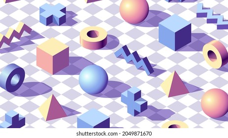 Abstract background with isometric 3D shapes on checkered floor. Minimalistic vaporwave styled pale blue and pink colors and shapes pattern for wallpaper or presentation