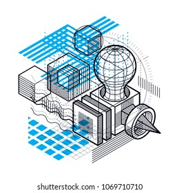 Abstract background with isometric elements, vector linear art with lines and shapes. Cubes, hexagons, squares, rectangles and different abstract elements.