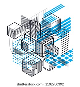 Abstract background with isometric elements, vector linear art with lines and shapes. Cubes, hexagons, squares, rectangles and different abstract elements.