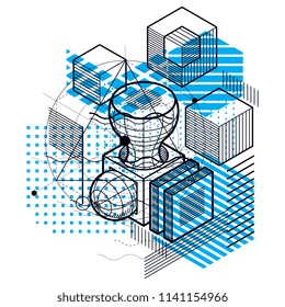 Abstract background with isometric elements, vector linear art with lines and shapes. Cubes, hexagons, squares, rectangles and different abstract elements.