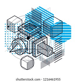Abstract background with isometric elements, vector linear art with lines and shapes. Cubes, hexagons, squares, rectangles and different abstract elements.
