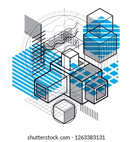 Abstract background with isometric elements, vector linear art with lines and shapes. Cubes, hexagons, squares, rectangles and different abstract elements.
