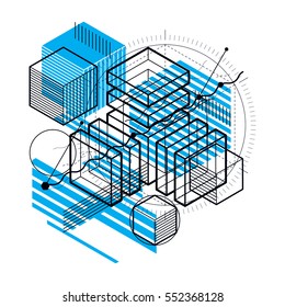 Abstract background with isometric elements, vector linear art with lines and shapes. Cubes, hexagons, squares, rectangles and different abstract elements.