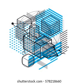 Abstract background with isometric elements, vector linear art with lines and shapes. Cubes, hexagons, squares, rectangles and different abstract elements.