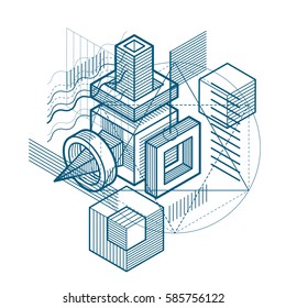 Abstract background with isometric elements, vector linear art with lines and shapes. Cubes, hexagons, squares, rectangles and different abstract elements.