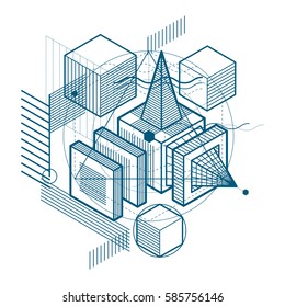 Abstract background with isometric elements, vector linear art with lines and shapes. Cubes, hexagons, squares, rectangles and different abstract elements.