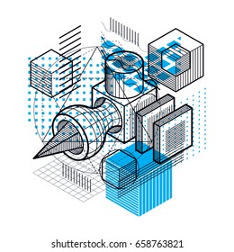 Abstract background with isometric elements, vector linear art with lines and shapes. Cubes, hexagons, squares, rectangles and different abstract elements.