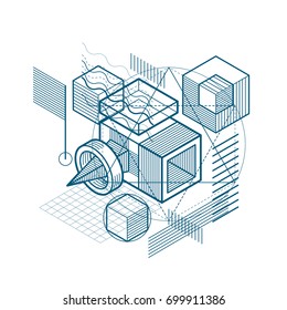 Abstract background with isometric elements, vector linear art with lines and shapes. Cubes, hexagons, squares, rectangles and different abstract elements.