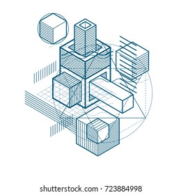 Abstract background with isometric elements, vector linear art with lines and shapes. Cubes, hexagons, squares, rectangles and different abstract elements.
