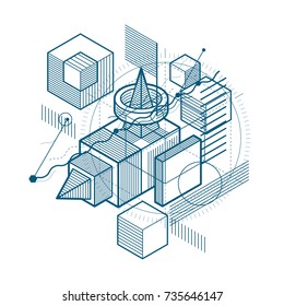 Abstract background with isometric elements, vector linear art with lines and shapes. Cubes, hexagons, squares, rectangles and different abstract elements.