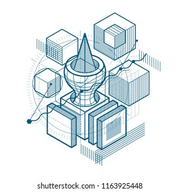 Abstract background with isometric lines, vector illustration. Template made with cubes, hexagons, squares, rectangles and different abstract elements.