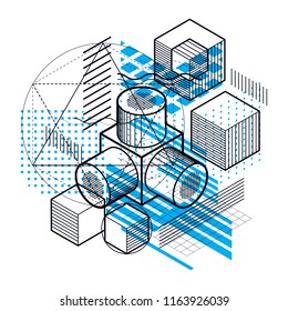Abstract background with isometric lines, vector illustration. Template made with cubes, hexagons, squares, rectangles and different abstract elements.
