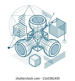 Abstract background with isometric lines, vector illustration. Template made with cubes, hexagons, squares, rectangles and different abstract elements.