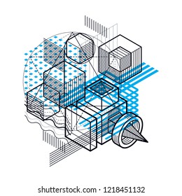 Abstract background with isometric lines, vector illustration. Template made with cubes, hexagons, squares, rectangles and different abstract elements.