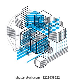 Abstract background with isometric lines, vector illustration. Template made with cubes, hexagons, squares, rectangles and different abstract elements.