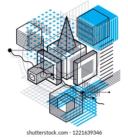 Abstract background with isometric lines, vector illustration. Template made with cubes, hexagons, squares, rectangles and different abstract elements.