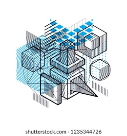 Abstract background with isometric lines, vector illustration. Template made with cubes, hexagons, squares, rectangles and different abstract elements.