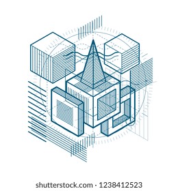 Abstract background with isometric lines, vector illustration. Template made with cubes, hexagons, squares, rectangles and different abstract elements.
