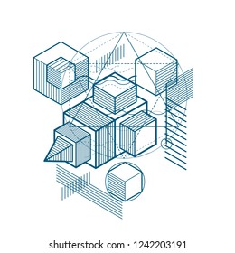 Abstract background with isometric lines, vector illustration. Template made with cubes, hexagons, squares, rectangles and different abstract elements.
