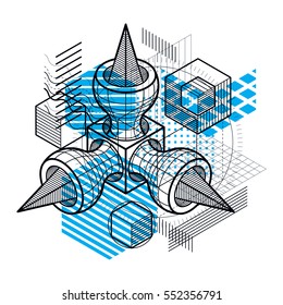 Abstract background with isometric lines, vector illustration. Template made with cubes, hexagons, squares, rectangles and different abstract elements.