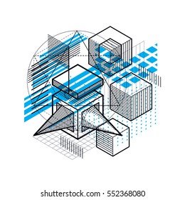 Abstract background with isometric lines, vector illustration. Template made with cubes, hexagons, squares, rectangles and different abstract elements.
