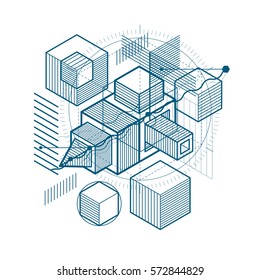 Abstract background with isometric lines, vector illustration. Template made with cubes, hexagons, squares, rectangles and different abstract elements.