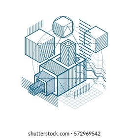 Abstract background with isometric lines, vector illustration. Template made with cubes, hexagons, squares, rectangles and different abstract elements.
